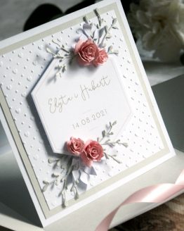 romantyczna kartka ślubna różyczki ręcznie robiona z imionami