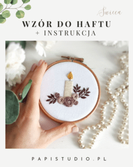 Wzór do haftu ręcznego świeca z kwiatami w neutralnej kolorystyce beżowo-brązowej